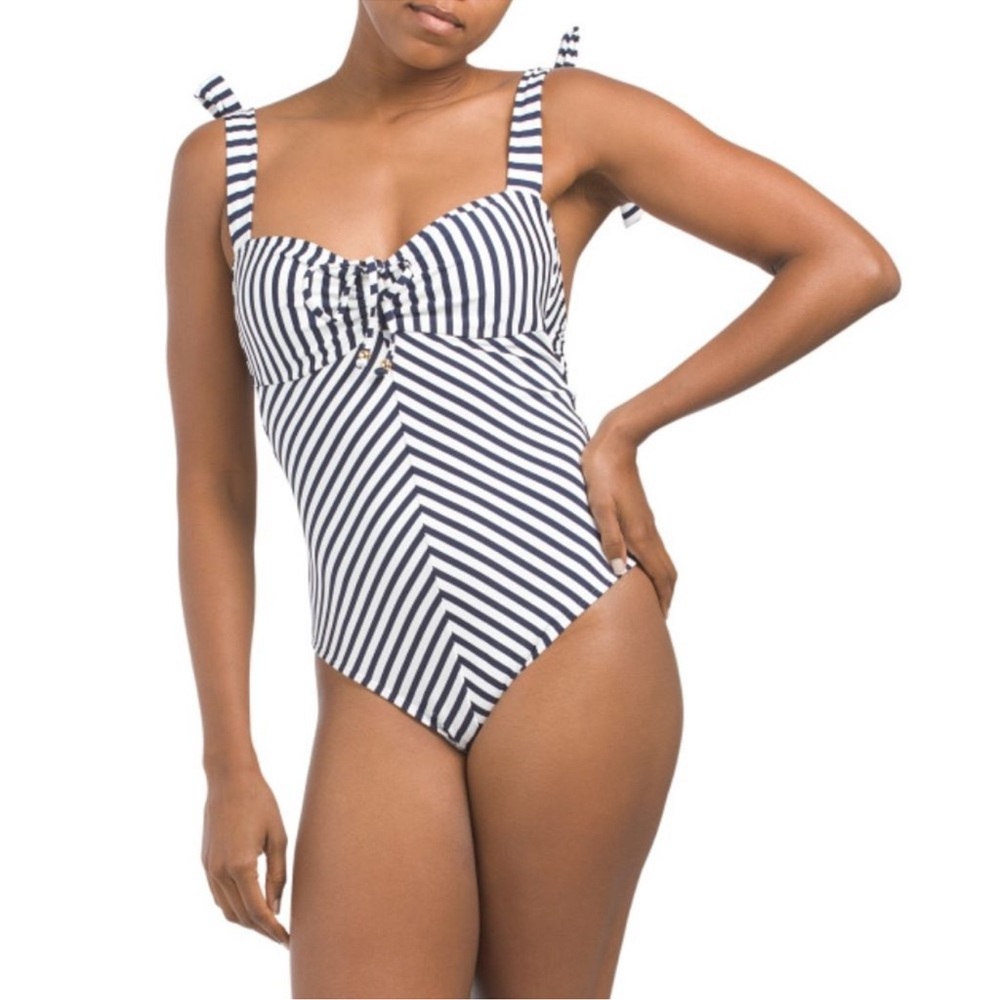 Shoshanna Navy White Tie Strap Striped One Piece Swimsuit‎ Size 10